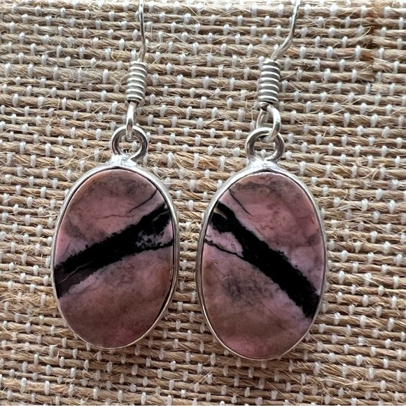 New Rhodonite Stone Silver Overlay Hook Earrings - Picture 3 of 6